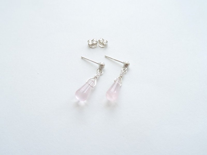 ::Daily Jewels:: 粉晶水滴纯银小垂坠耳针耳环。可改夹式 - 耳环/耳夹 - 水晶 粉红色