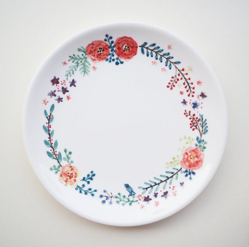 手绘6寸蛋糕盘 餐盘-花圈与小青鸟 - 浅碟/小碟子 - 瓷 红色