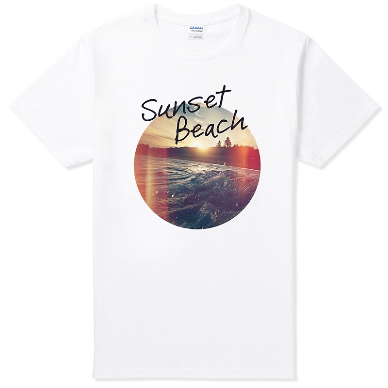 Sunset Beach短袖T恤-白色 日落 海边 冲浪 夕阳 渡假 夏天 设计 时髦 照片 文创 自创 文青 自然 - 男装上衣/T 恤 - 其他材质 白色