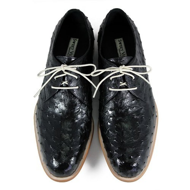 Larch M1125 Black Ostrich leather Derby shoes - 男款皮鞋 - 真皮 黑色