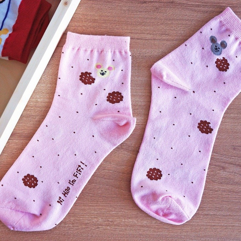 FiFi棉短袜/ 贪吃小老鼠们 - 袜子 - 棉．麻 粉红色