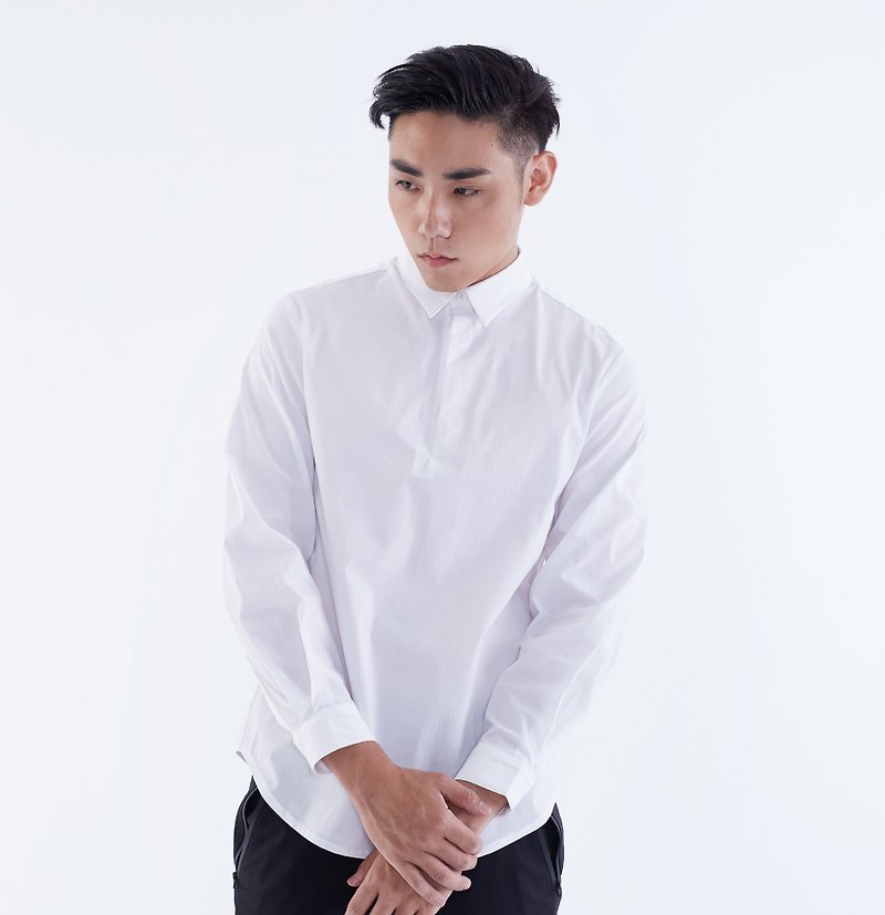 TRAN - 半门襟藏扣衬衫 - 男装衬衫 - 棉．麻 白色