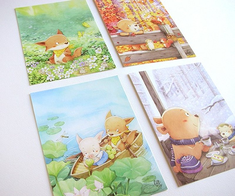 贝果在森林里散步－森林四季明信片（一套4张） - 卡片/明信片 - 纸 绿色