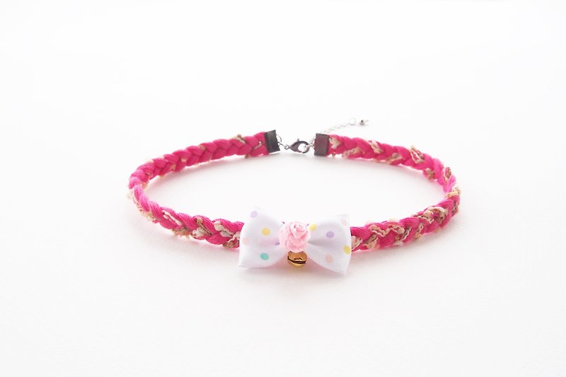 Pink lace choker / necklace with polka dot bow and bell. - 项链 - 其他材质 粉红色