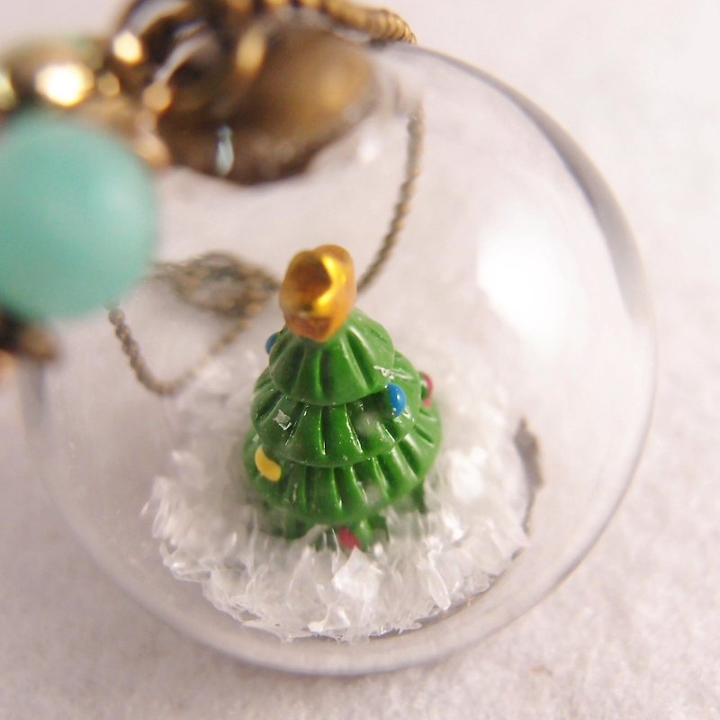 梦想水晶球。古铜色系 x 雪花片片圣诞树  x 长项链 - 长链 - 玻璃 绿色