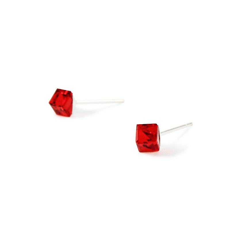 比比的眼晶系列-红色小方块水晶耳针 纯银耳针 - 耳环/耳夹 - 宝石 红色