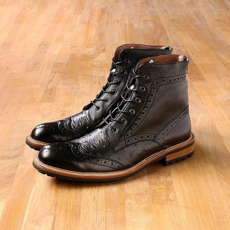 Vanger 优雅美型·英式复潮翼纹系带中筒靴 Va189黑 X 驼鸟皮拼接 - 男款靴子 - 真皮 黑色
