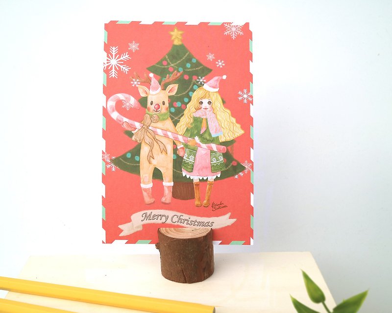 圣诞节卡 Christmas 女孩与麋鹿 / 插画明信片 - 卡片/明信片 - 纸 红色