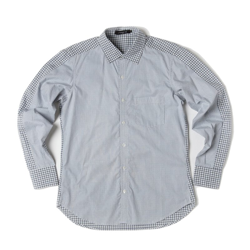 Stone'As Check Shirt / 剪接 格子 衬衫 - 男装衬衫 - 棉．麻 灰色