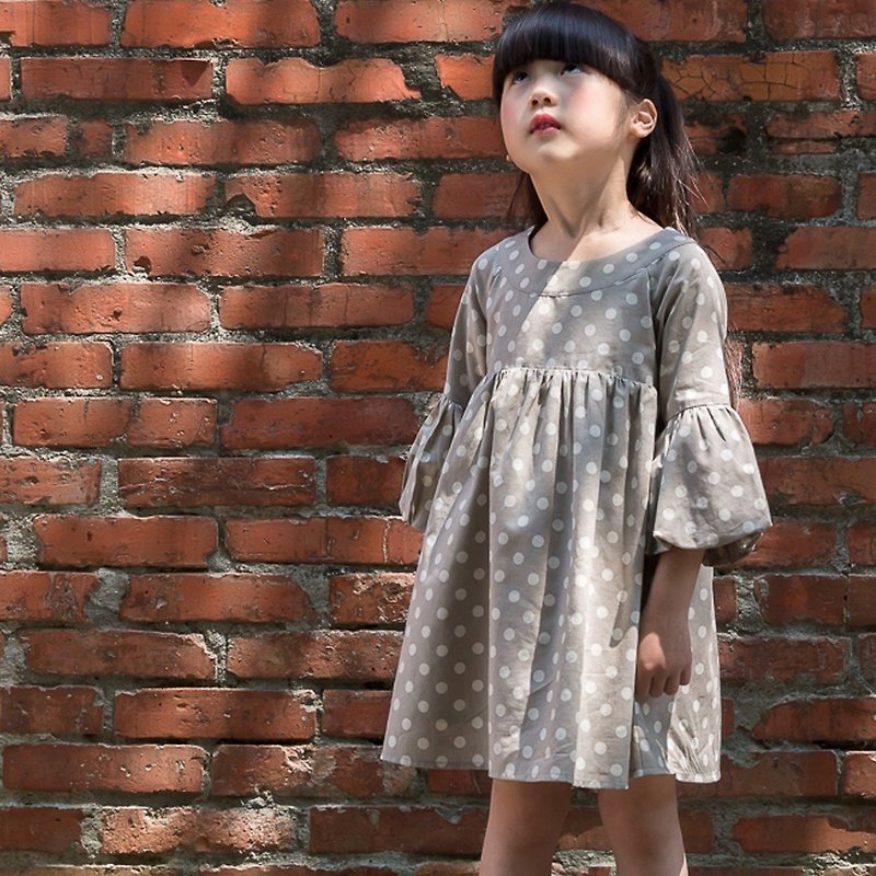 Ángeles-小圆点圆领欧洲典雅抛袖洋装(2岁至7岁) - 其他 - 棉．麻 灰色