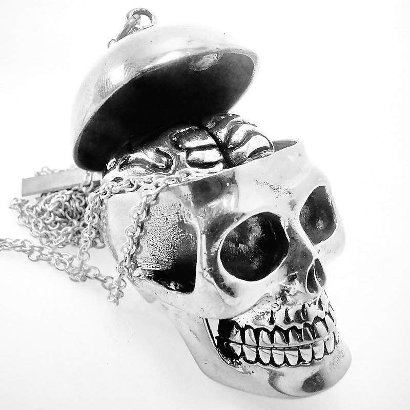 Skull and Brain Necklace in White Bronze - 项链 - 其他金属 
