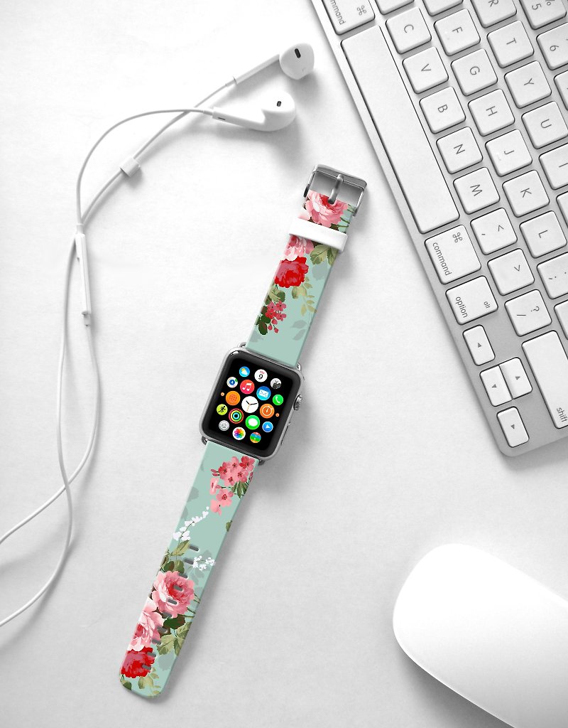 Apple Watch Series 1 , Series 2, Series 3 - Apple Watch 真皮手表带，适用于Apple Watch 及 Apple Watch Sport - Freshion 香港原创设计师品牌 - 怀旧青绿玫瑰花纹 cr8 - 表带 - 真皮 多色