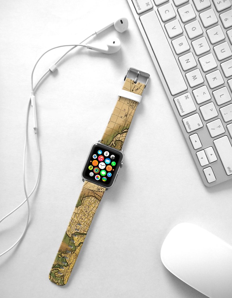Apple Watch Series 1 , Series 2, Series 3 - Apple Watch 真皮手表带，适用于Apple Watch 及 Apple Watch Sport - Freshion 香港原创设计师品牌 - 怀旧地图图案 - 表带 - 真皮 