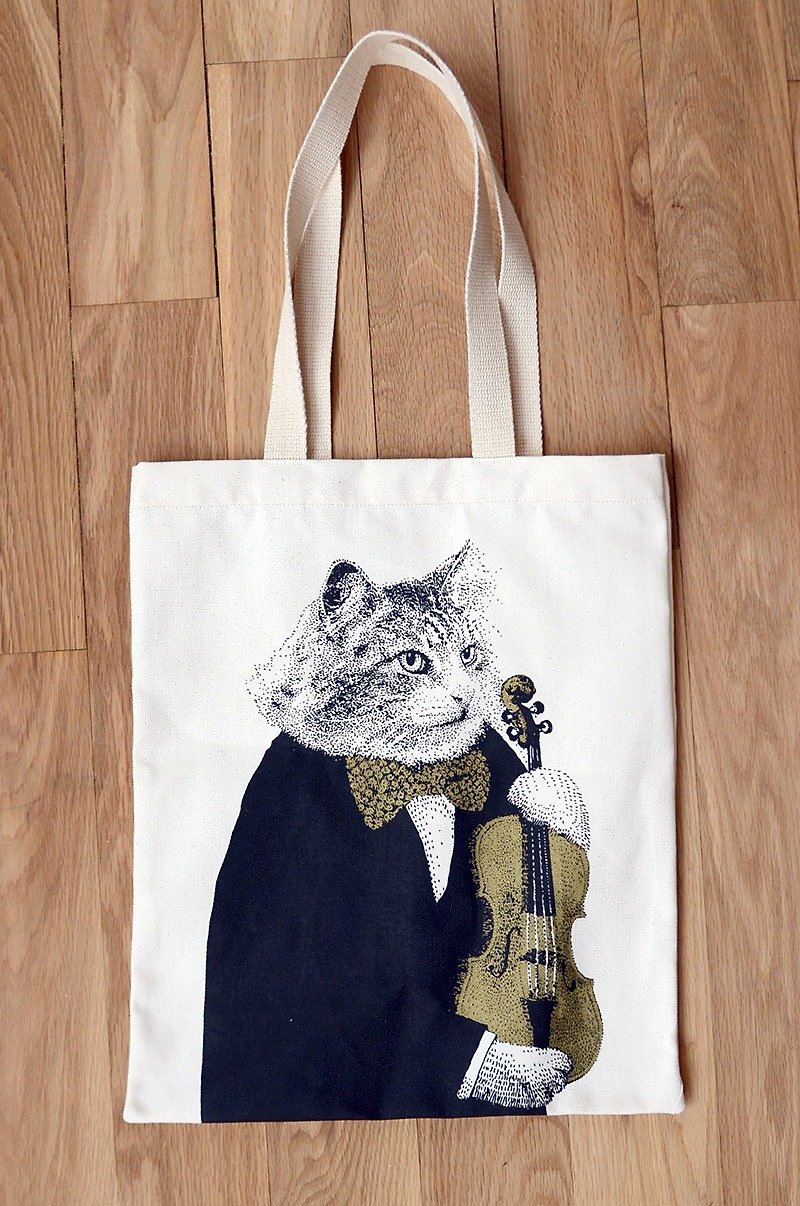 小提琴猫谱袋 - 侧背包/斜挎包 - 棉．麻 白色