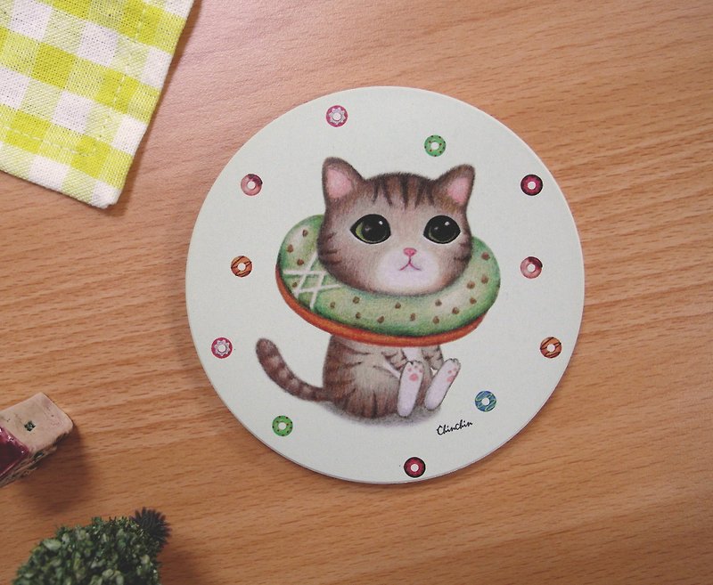 ChinChin 手绘猫咪陶瓷吸水杯垫 - 抹茶甜甜圈 - 杯垫 - 其他材质 绿色