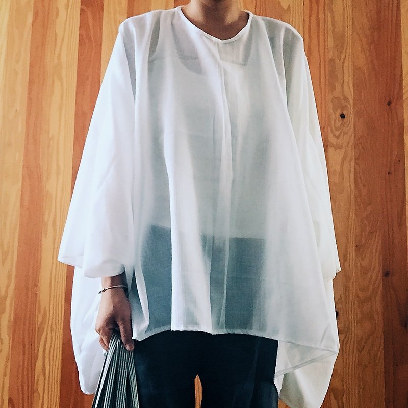 透明白罩衫 天然手作服 纯棉纱透明感长大袖口罩衫 - 女装上衣 - 其他材质 白色