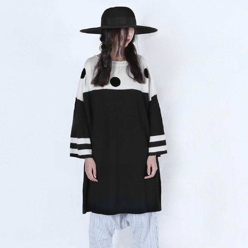 黑白拼色圆领长款羊毛衣 - imakokoni - 女装上衣 - 其他材质 黑色