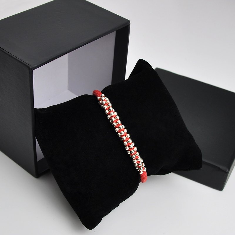 925纯银隔珠编织手链/红 - 手链/手环 - 其他金属 红色