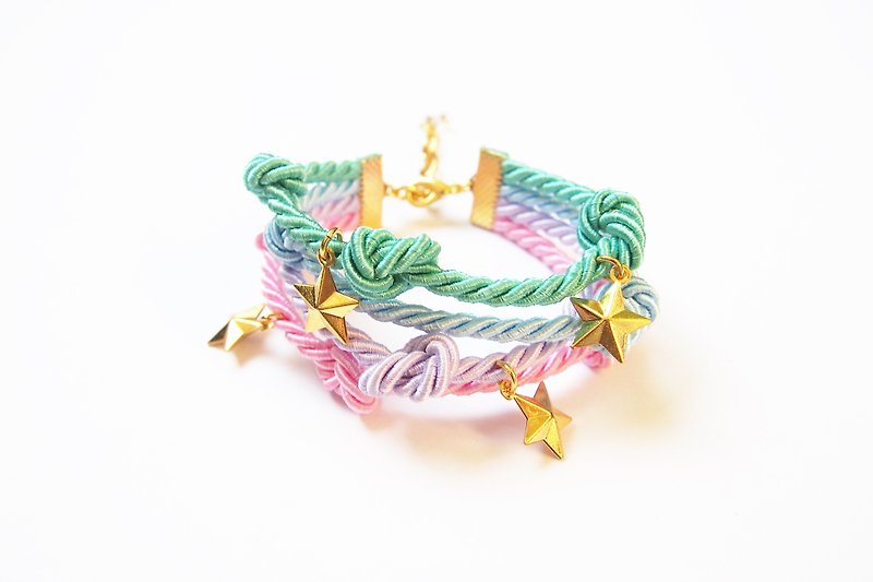 Pastel handmade rope bracelet with gold star charm - 手链/手环 - 其他材质 多色