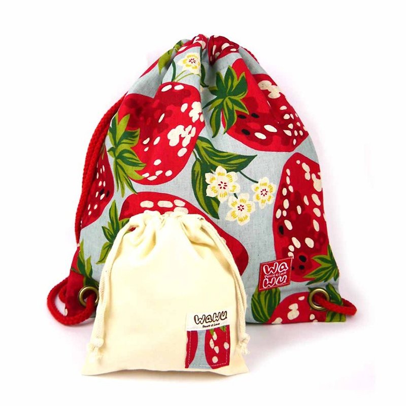 束口后背包+小收纳袋 (草莓) 日本布 - 束口袋双肩包 - 棉．麻 红色