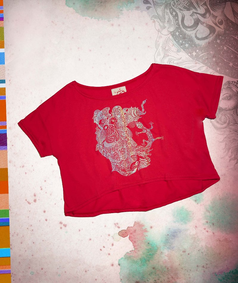 手感夏日短版T-心灵之图系列旅行记忆(阳光红) - 女装 T 恤 - 棉．麻 红色