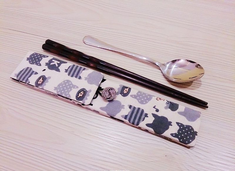 棉麻布 环保筷子套 双层筷子袋 可爱灰猫款 - 筷子/筷架 - 其他材质 白色