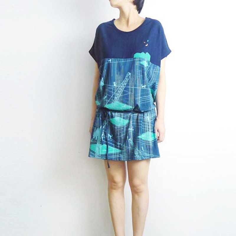 ：Urb.【建筑猫】女/多穿法 x 方形创意绑绳款 / 蓝色系 - 洋装/连衣裙 - 棉．麻 蓝色