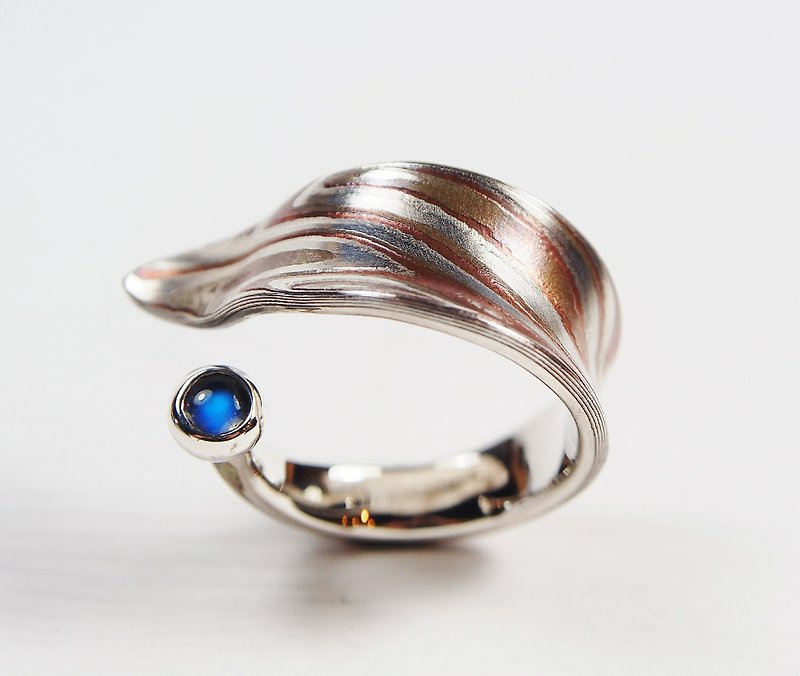 木目金戒指 (银铜材质) 定制 木纹金 Mokume Gane 蓝晕月光石 - 对戒 - 其他金属 多色