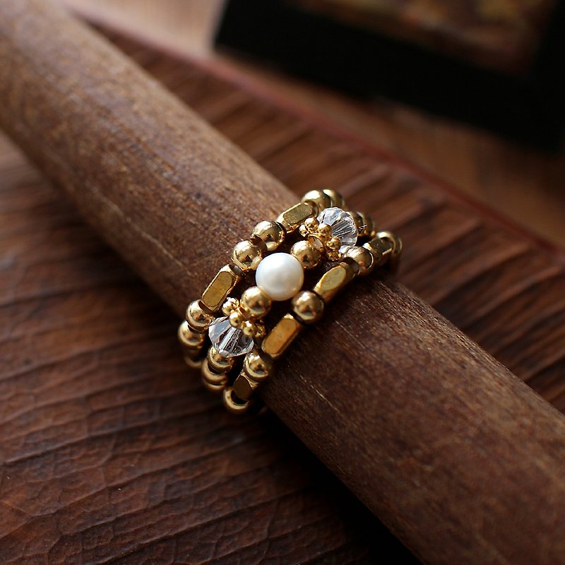 EF黄铜流金岁月NO.144白色水钻珍珠戒指套组 - 戒指 - 其他材质 多色