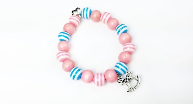 “粉蓝条纹 x 银色木马”-串珠款 - 手链/手环 - 其他材质 多色