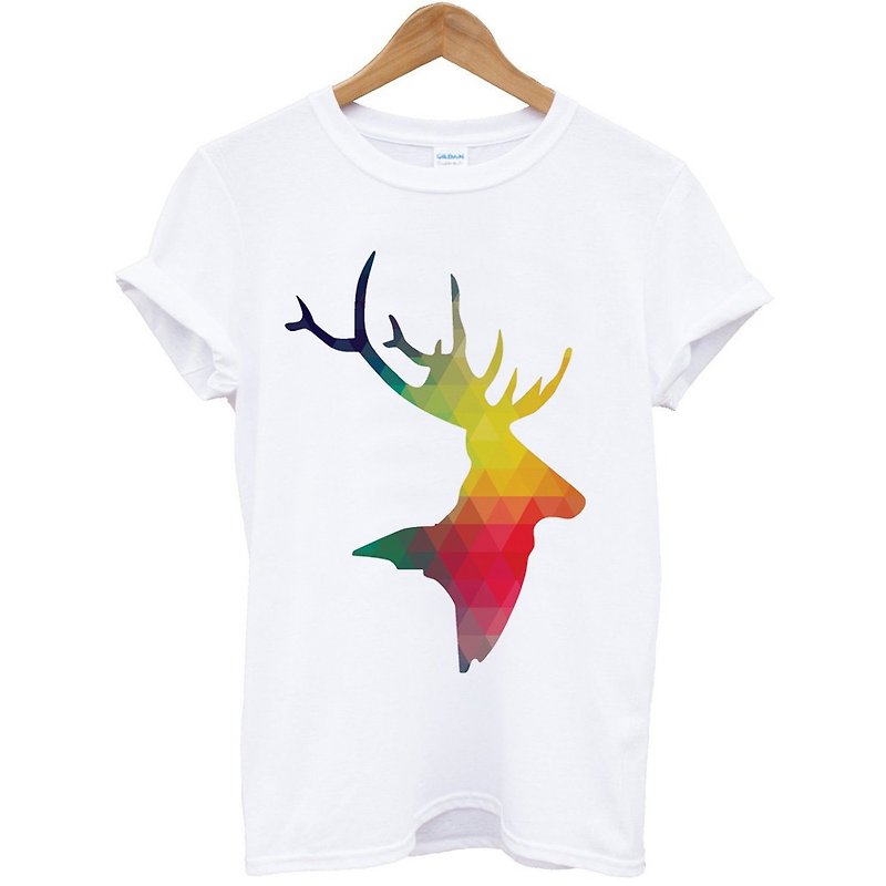 Abstract Deer Head短袖T恤-白色 抽象 鹿 头 角 几何 设计 动物 - 男装上衣/T 恤 - 棉．麻 白色
