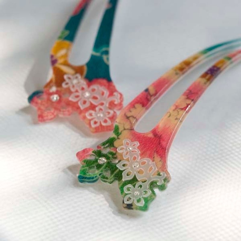 【MITHX】夏樱,螺钿篓空镶钻花纹布,发簪,发插-绿 - 发饰 - 压克力 绿色