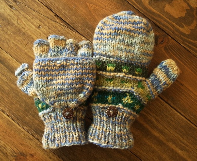 羊毛编织手套 单线编织 合手款 蓝紫+绿 - 手套 - 羊毛 多色