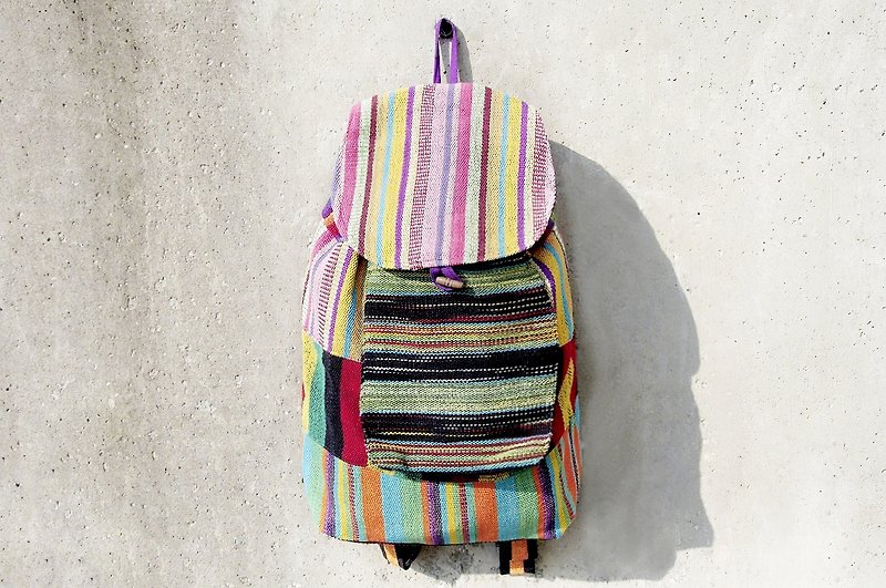 墨西哥风肩背包 boho帆布包 波希米亚编织手感后背包-热带色彩拼 - 后背包/双肩包 - 棉．麻 多色