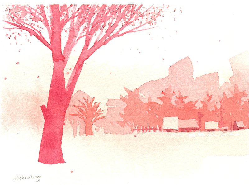 “疗愈系树林系列1-17”水彩手绘限量版明信片/贺卡 - 卡片/明信片 - 其他材质 红色