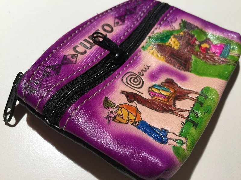 多彩秘鲁复古图纹拉链零钱/置物包-紫 - 零钱包 - 真皮 紫色
