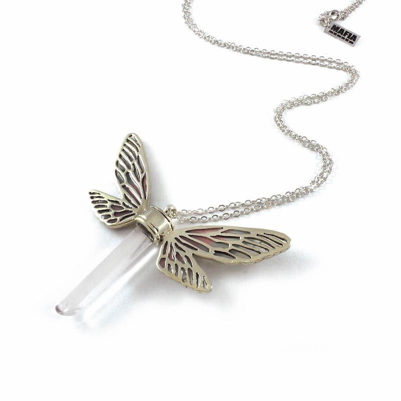White bronze Dragonfly wing pendant with clear raw quartz stone and enamel color - 项链 - 其他金属 