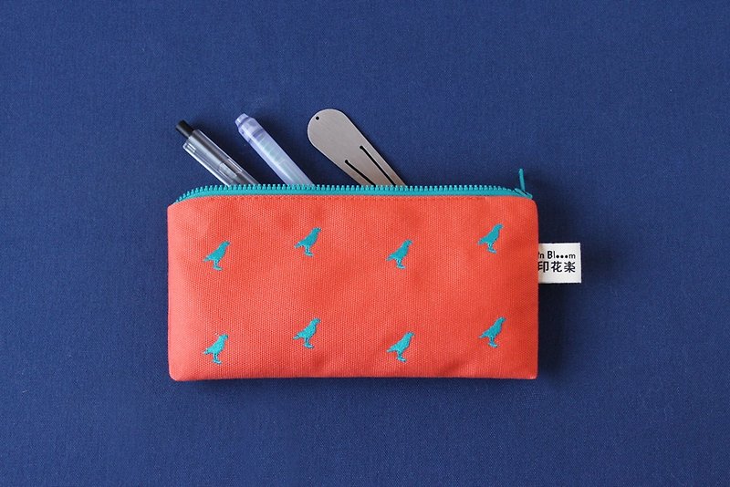 刺绣拉链扁平袋/珊瑚橘红 - 铅笔盒/笔袋 - 绣线 