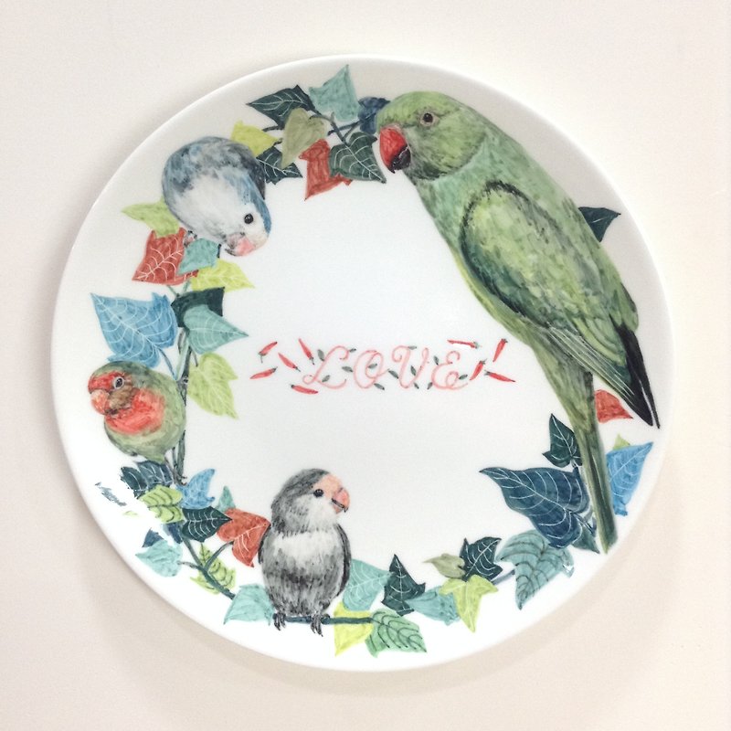 鹦鹉与地瓜叶环 - 手绘 8 寸鹦鹉瓷盘/盛菜盘 - 浅碟/小碟子 - 瓷 多色