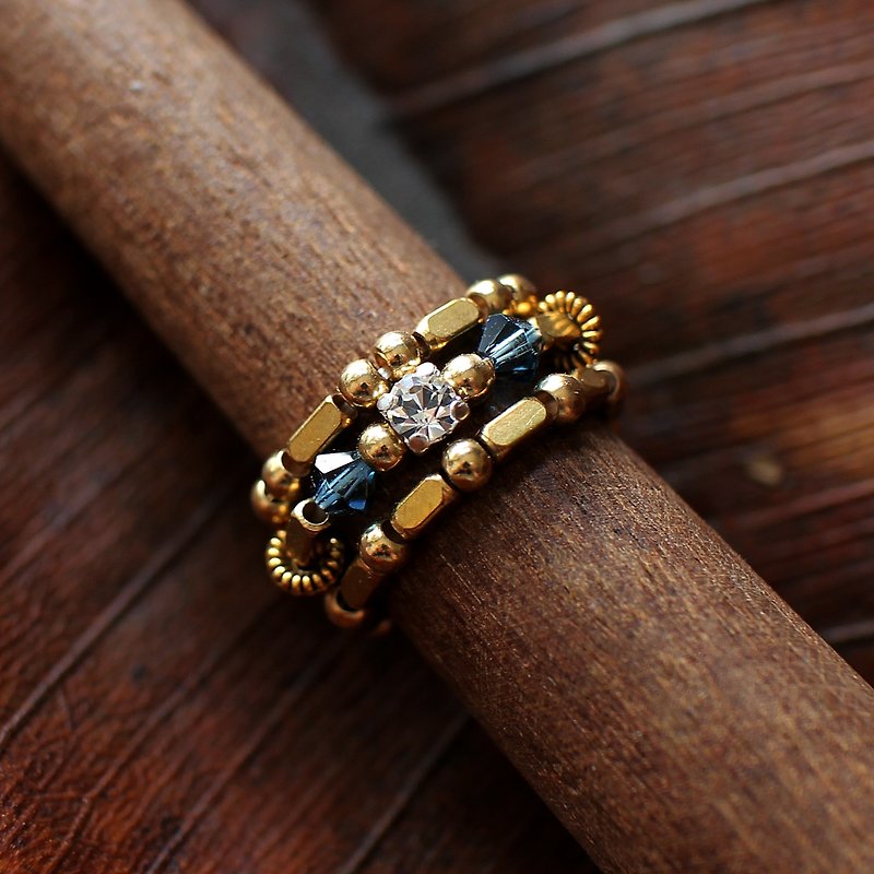 EF黄铜流金岁月NO.100深蓝色水钻戒指套组 - 戒指 - 其他材质 金色