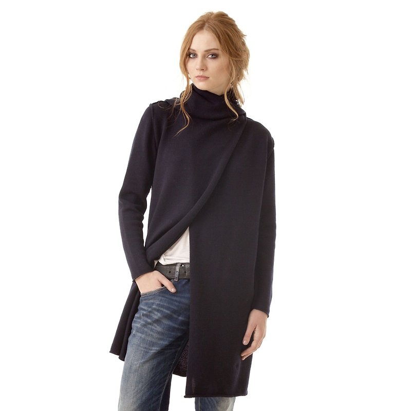 100% merino wool black open front women hooded open wrap cardigan sweater jacket - 女装针织衫/毛衣 - 其他材质 黑色