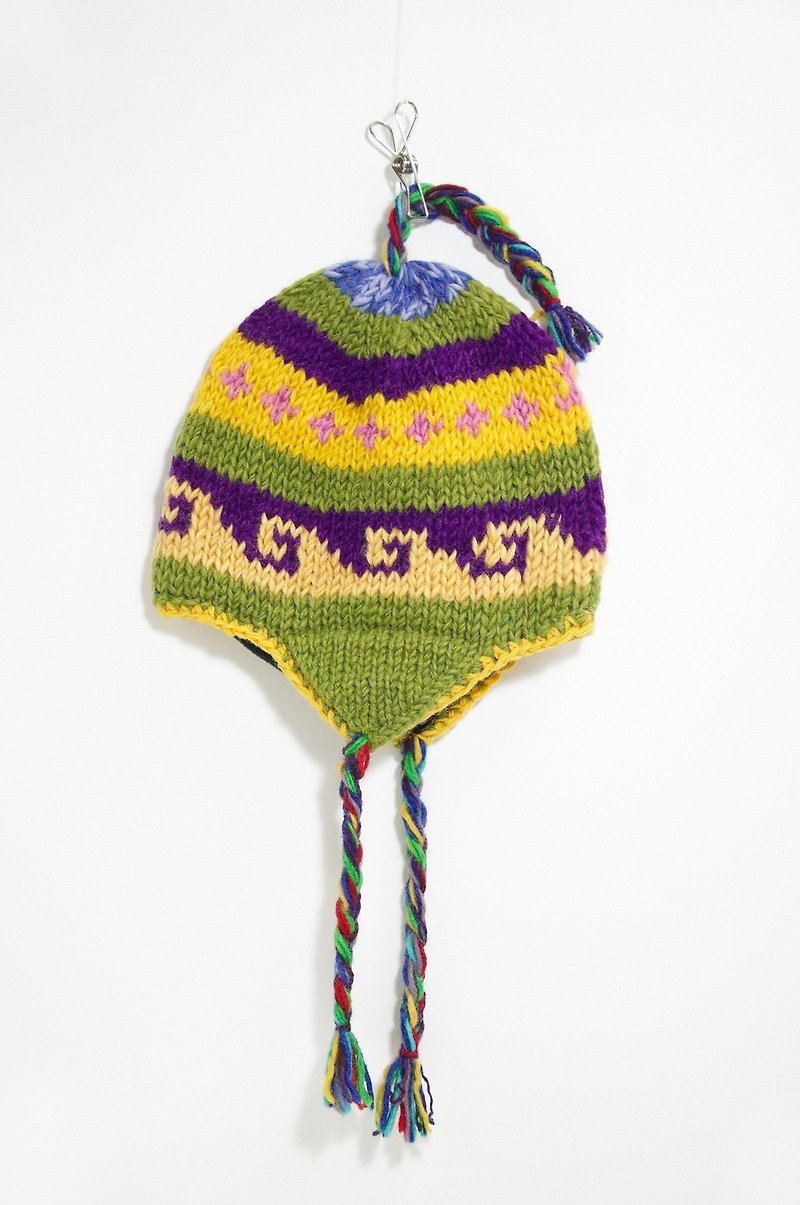 手工编织纯羊毛帽/飞行毛帽 / 毛线帽 - 缤纷图腾黄紫色 ( 仅一件 ) - 帽子 - 其他材质 多色
