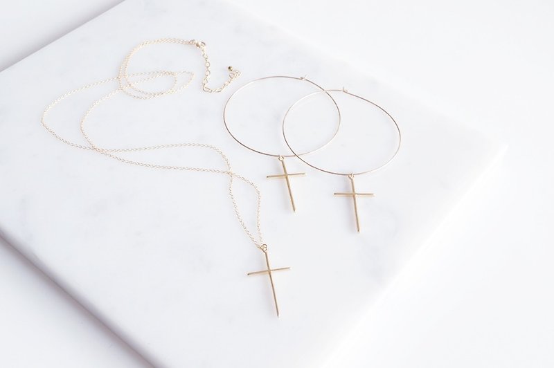【14KGF】Long Necklace,Matt Gold Skinny Cross - 长链 - 其他金属 金色