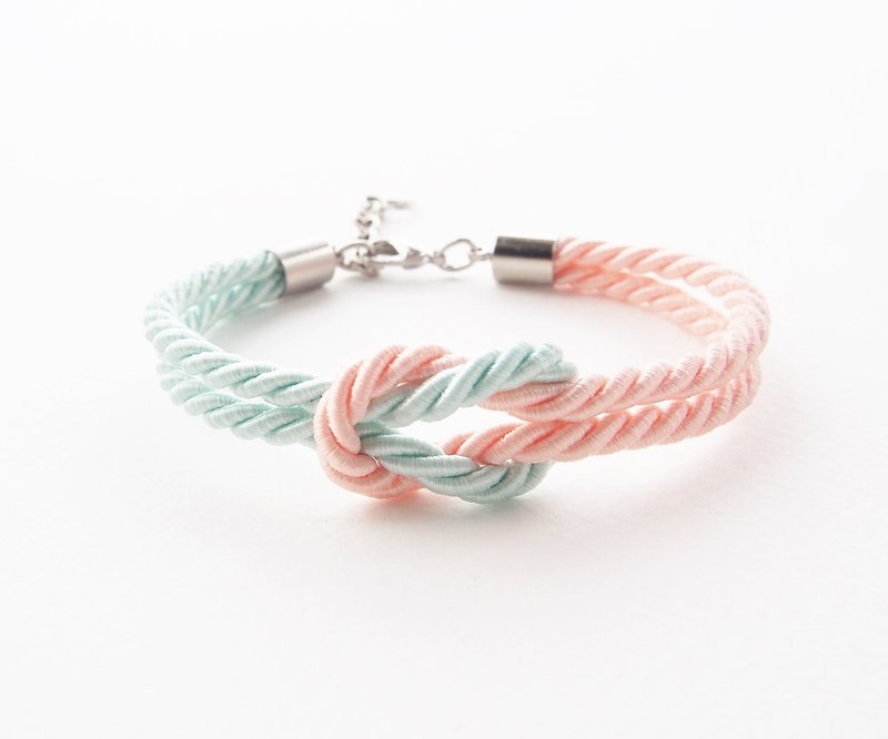 Peach and Light mint tie the knot rope bracelet - 手链/手环 - 其他材质 多色
