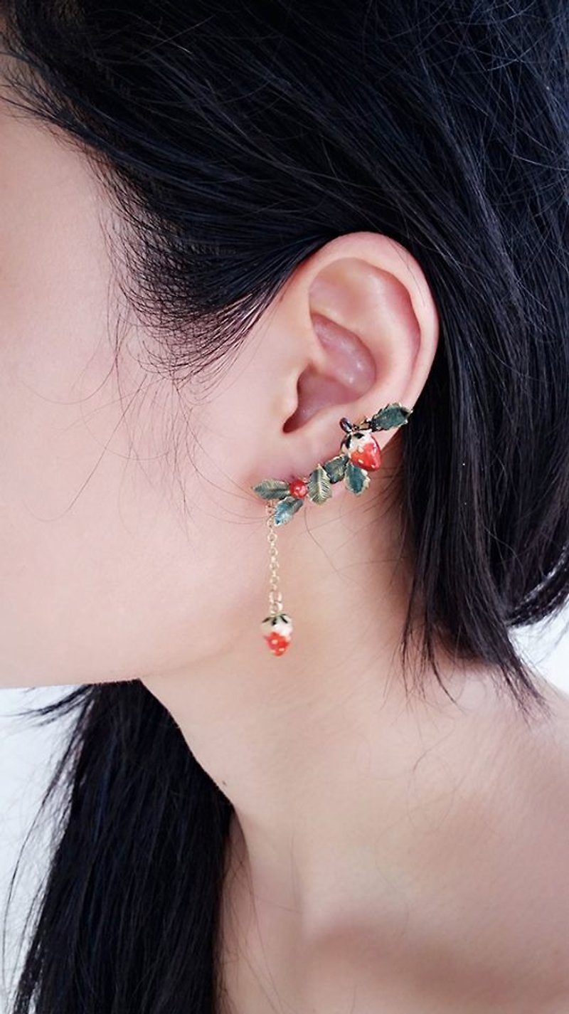 草莓 长耳夹 耳环(左耳专用) - 耳环/耳夹 - 其他金属 红色