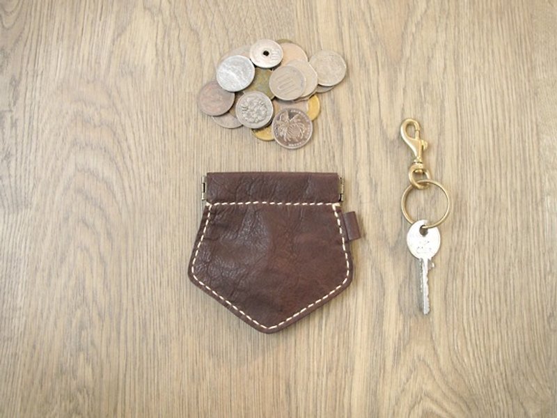 盾牌型弹口零钱包/钥匙圈/钥匙包x意大利皮革 - 零钱包 - 真皮 咖啡色
