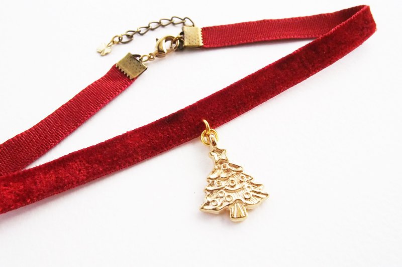 Allaah Red velvet choker / necklace with Christmas tree charm. - 项链 - 其他材质 红色