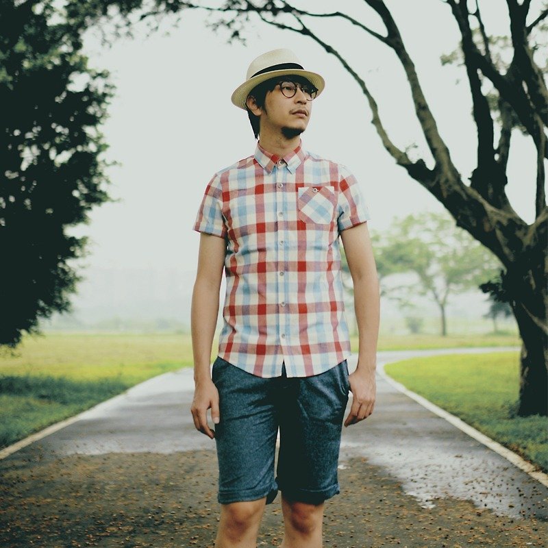 日本手织布格纹短袖衬衫 - 男装衬衫 - 其他材质 多色