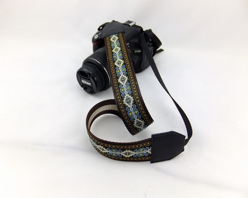 相机背带 个性定制 可印字 真皮拼接 刺绣花纹  民族风012 - 相机背带/脚架 - 真皮 蓝色