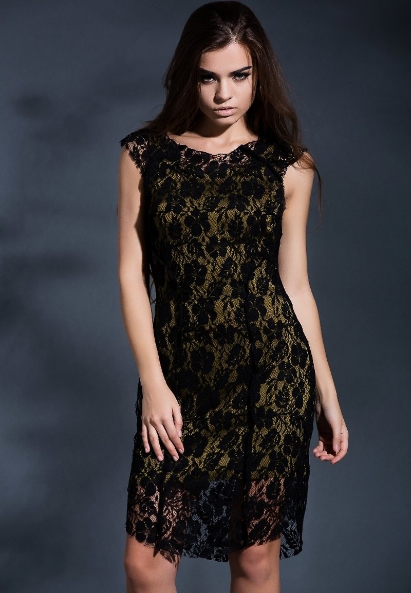 蕾丝绸缎修身中裙连衣裙 - 裙子 - 其他材质 黑色